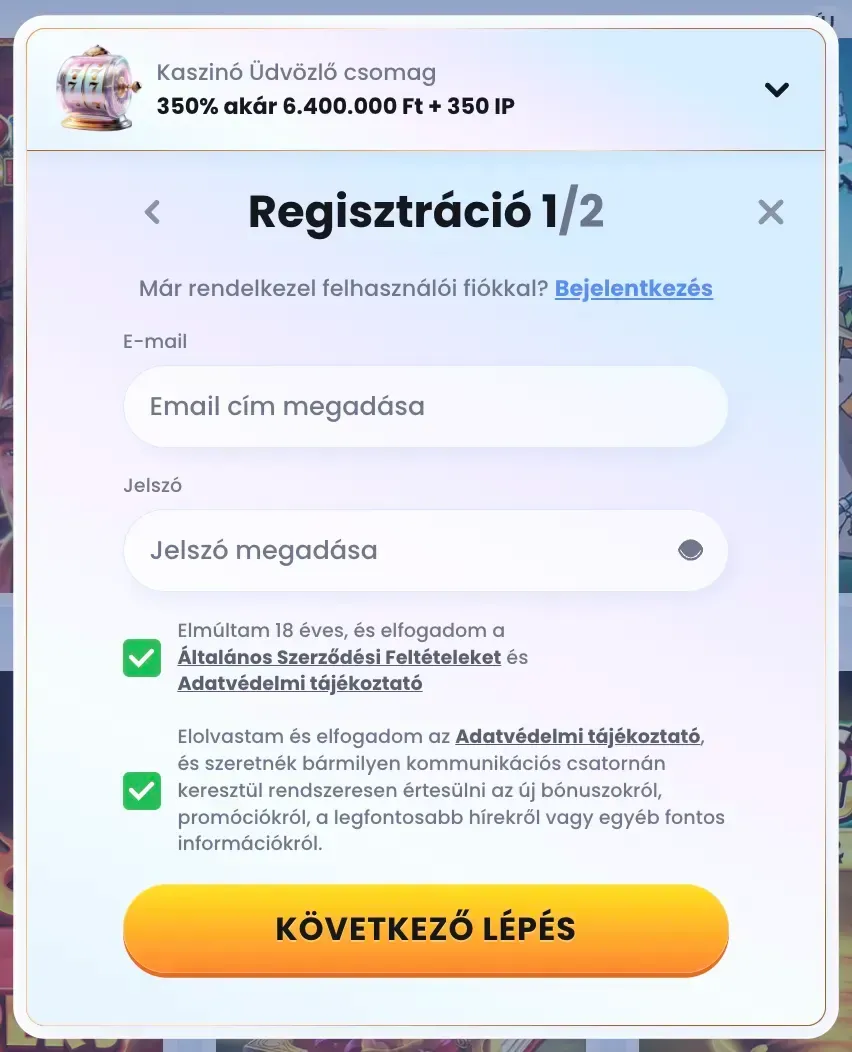 A Casinolab regisztrációs űrlapja